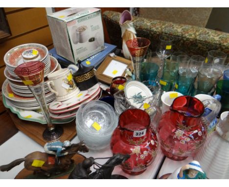 Parcel of mixed china & glassware including two ruby glass jugs, Churchillware dinnerware, cook books etc