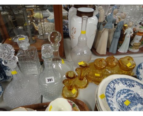 Parcel of various decanters including Dartington together with a vintage amber glass dressing table set