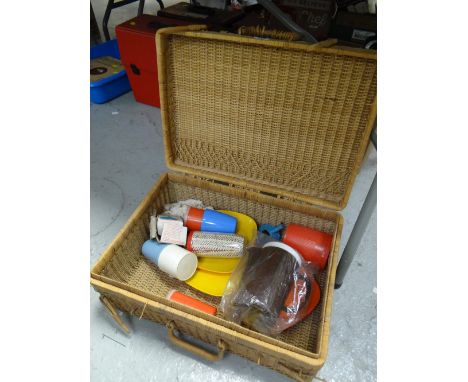 A vintage wicker picnic hamper & contents