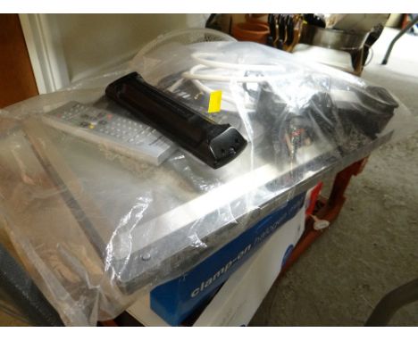 Crate of various household electricals including Panasonic DVD player, clamp on magnifying light, desk fan etc E/T