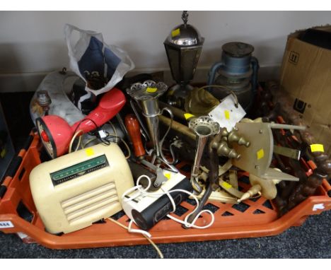 Crate of various household items including storm lamp, clock radio, telephone, glass lamp shade, brass light fittings etc E/T