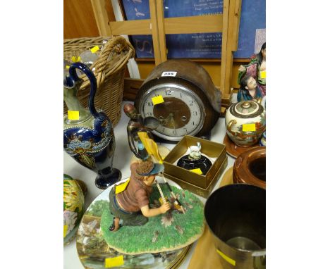 A vintage Smith's oak mantel clock, Wade pin tray, golfing figure, collector's plates etc