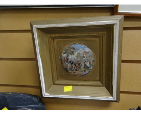 A gilt framed Prattware lid entitled 'The Village Wedding'