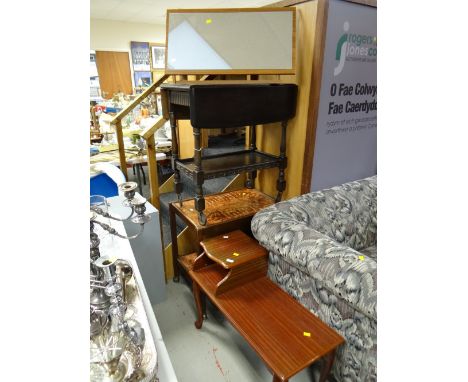 A linen fold tea trolley, a 1970s tile topped trolley, a modern mirror etc