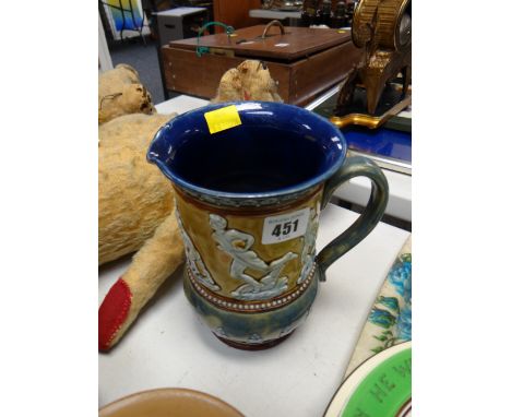 A rare Doulton Lambeth 1883 single-handled jug decorated in relief with rugby playing figures with the initial E M to the bas