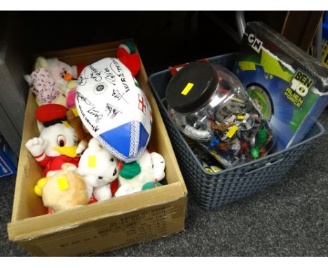 Collection of soft toys, signed rugby ball, children's toy clock & games