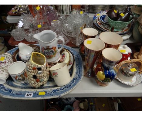 Large blue & white willow pattern platter, Sylvac pebble vase, Royal Commemorative mugs, Old Court ware vases etc