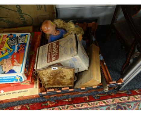 A vintage Met Toy Playthings boxed Hoover washing machine, metal child's cot, boxed doll's house furniture etc