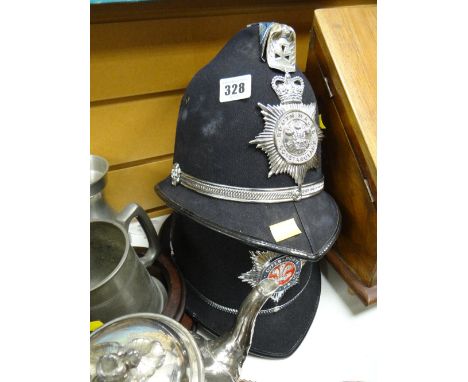Two vintage police helmets, South Wales Constabulary & Dyfed Powys Police