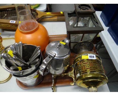A vintage brass wall mounted oil lamp & shade, British rail / marine electroplate ice buckets & teapot together with a parcel