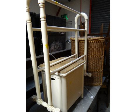 A vintage towel airer, two linen baskets & an old set of golf clubs in Slazenger bag etc