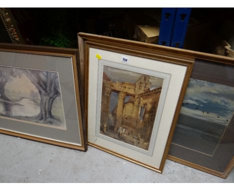 A framed print of wildfowl in flight by PETER SCOTT, framed watercolour signed D R MEEKS of a river in woodland & a framed wa