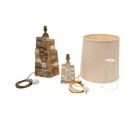 Two pottery lamp bases, including one large Harbour lamp base with shade (46cms high including light fitting), also with a sm