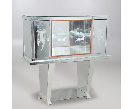An Art Deco glass cocktail cabinet, with sliding doors to the centre with horse motifs and with an internal shaped shelf, wit