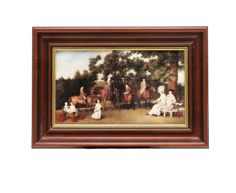 lithographic print on bone china depicting the Wedgwood family in the grounds of Etruria Hall, after the painting by George S