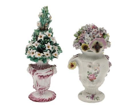 An 18thc Longton Hall lidded vase and cover, with a floral encrusted lid, the body moulded and painted with flowers (14cms hi