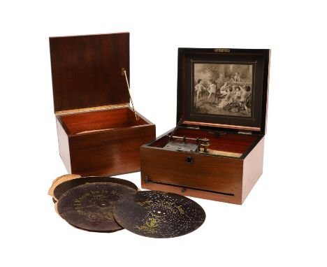 A Victorian walnut cased Polython, with a winding handle at the front of the box and with a lithographed print on the inside 