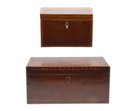 of canted form with boxwood stringing and ivory escutcheon, two lidded compartments to the interior, width 18cm; together wit