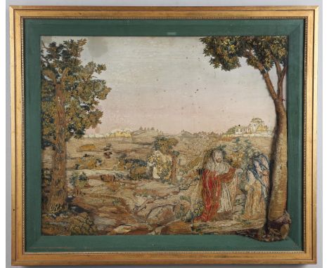 depicting Christ and three females figures within an extensive landscape, woven with silk and chenille threads, raised stumpw