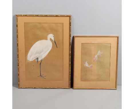 Probably late 19thc, a watercolour/gouache of an Egret perched on one leg, signed and mounted in a bamboo effect frame (50cms