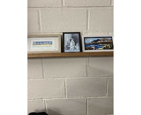 Three pictures and prints to include beach hut print, novelty photograph of a dog wearing a hat and framed tile of a beach sc