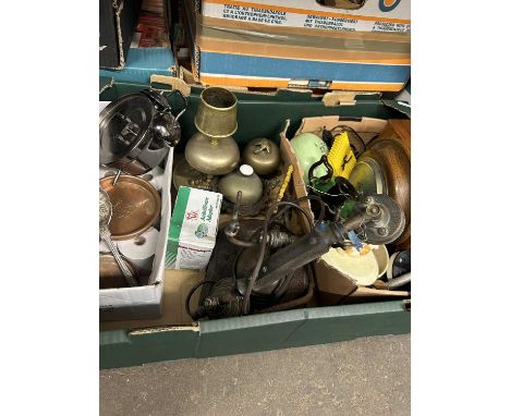 Box of assorted items to include vintage telephone, brass trinkets, alarm clock, barometer etc