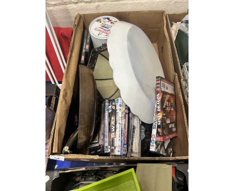 Mixed Lot: DVD's, meat platter, lamp shade and carved hand painted wooden bowl etc