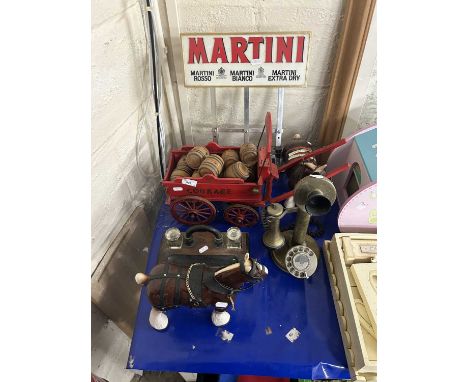 Quantity of various items to include pub memorablia Martini drinks dispenser, ceramic horses with cart together with pen and 