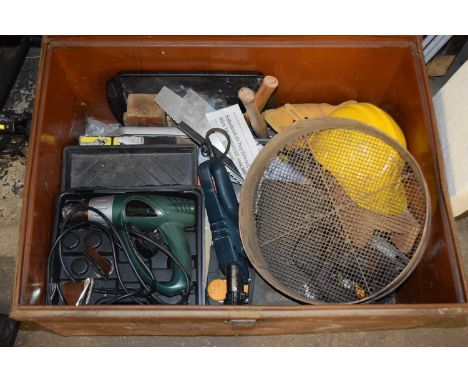 Large tin trunk and various assorted tools