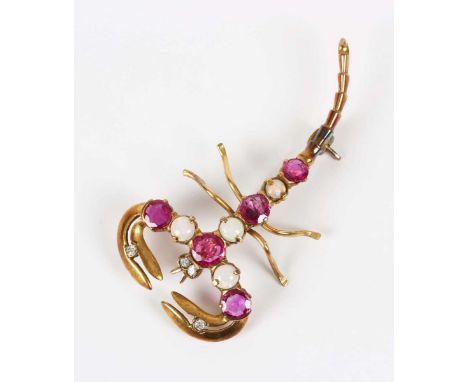 A gold, ruby, opal and diamond brooch, designed as a scorpion, unmarked, weight 3.9g, width 4.8cm.