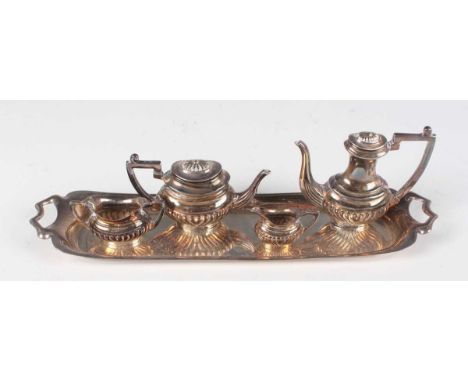 An Elizabeth II silver child's toy five-piece tea set, comprising rectangular two-handled tray, teapot, hot water pot, milk j