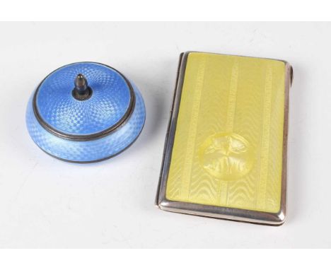 A George V Scottish silver and yellow enamelled cigarette case, the front engine turned with a vignette of two kittens, impor