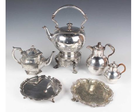 A collection of assorted plated items, including a Victorian spirit kettle and stand, total height 37cm, an Elkington &amp; C