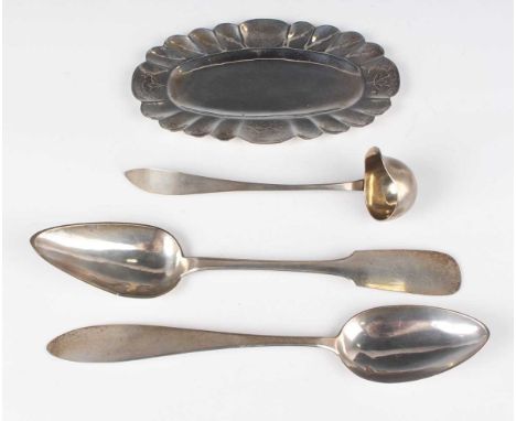 A small group of 19th century Continental silver, including two Baltic captain's spoons, lengths 23.5cm and 24cm, a ladle and