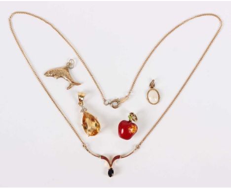 A gold and sapphire single stone necklace, detailed ‘585’, on a gilt metal boltring clasp, weight 2.9g, length 39.5cm, a gold