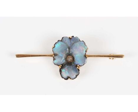 A gold, diamond and opal doublet bar brooch, designed as a pansy flowerhead, detailed ‘585’, weight 5.3g, width of flowerhead