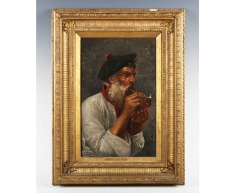 Salvatore Maresca (Italian c.1900) - Italian peasant lighting his pipe, oil on canvas, signed lower right, 39.5cm x 26cm, wit