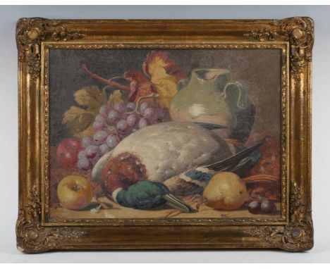 Charles Thomas Bale (British 1845-1925) - Still life of grapes, apples, pears, earthenware pitcher and Mallard, oil on canvas