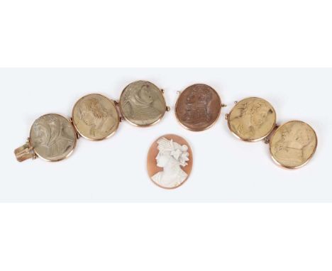 An Italian gold mounted lava cameo bracelet, mid-19th century, formed as a row of classical portraits, unmarked, length 19cm 