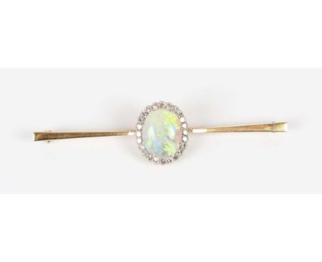 A gold, opal and diamond bar brooch, the centre mounted with an oval opal within a surround of single cut diamonds, detailed 