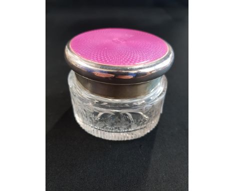 CUT GLASS SILVER AND PINK GILLOUCHE ENAMEL TOP DRESSING TABLE JAR