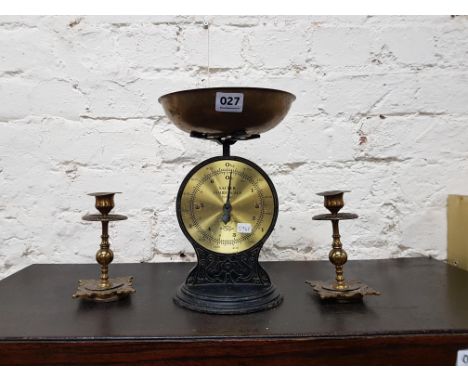 OLD SHOP SALTER SCALE BRASS CANDLESTICKS