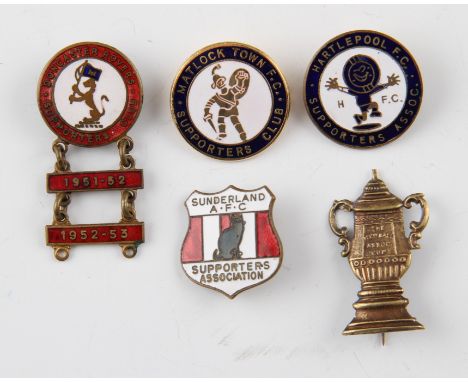 A collection of five enamel football badges to include; Hartlepool, Matlock Town, Sunderland and a Doncaster Rovers example w