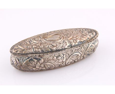 A Victorian silver oval trinket box of repousse floral and foliage scroll design, hallmarked Birmingham 1894, weight approx. 