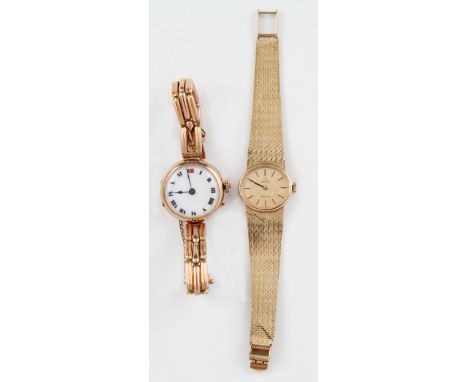 A 9ct yellow gold cased Omega manual wind wrist watch, the gold tone dial having black hourly baton markers, London import ha