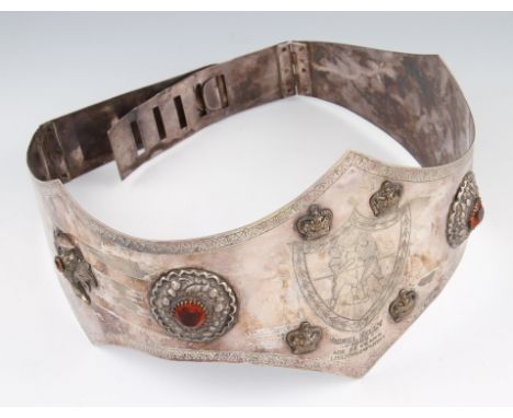 An early 20th Century white metal Scottish presentation Boxing Belt engraved to front 'Mickel Kelly Age 22 Years 1905 from Li