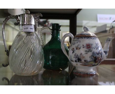 Two glass claret jugs to include 19th century green example and an Ironstone Cadogen teapot.