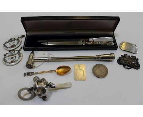 Georgian bottle ticket, baby rattle, and candle snuffer etc.