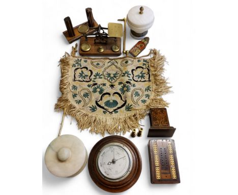 A Victorian wool work fire screen, on lacquered brass double hinged bracket, with clamp,&nbsp; the banner 35cm wide, c.1860;&