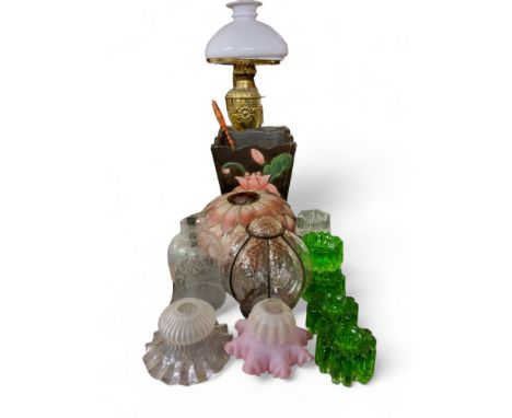 A set of five green glass furniture stands;&nbsp; three&nbsp; clear;&nbsp; a brass oil lamp, white opaque shade;&nbsp; &nbsp;